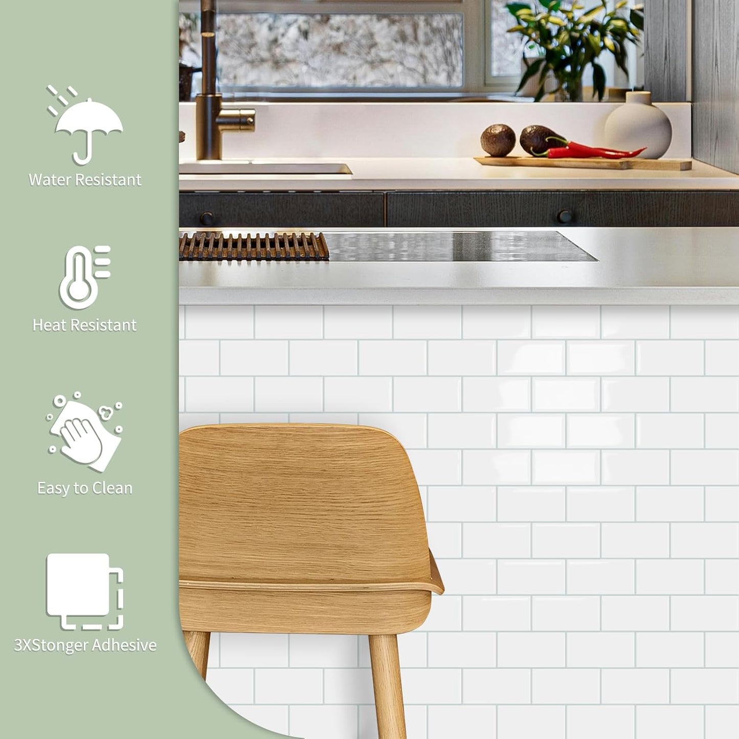 10-Sheet Thick Peel and Stick Kitchen Backsplash Tiles(Green,12"×12") | 3D Subway Waterproof Self-Adhesive Wall Tile Stick on Backsplash for Kitchen and Bathroom