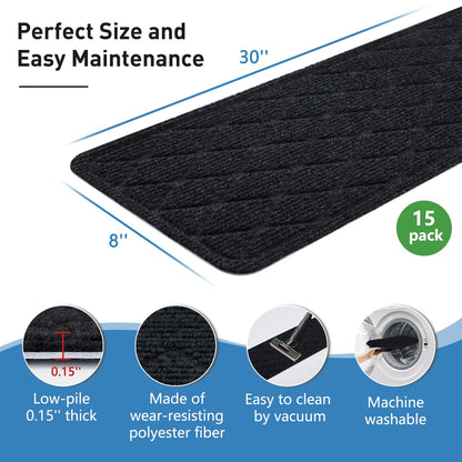 Non Slip Stair Treads for Wooden Steps,15 Pack 8" X 30" Stairs Carpet Treads Indoor with Reusable Peel and Stick Adhesive for Kids Elders and Pets