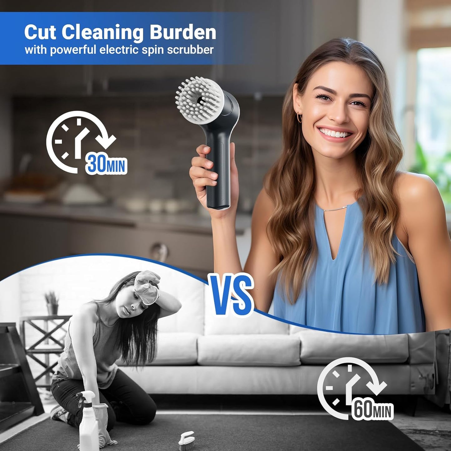 PUFTEM Electric Spin Scrubber, Cordless Shower Scrubber with Battery Level Display, 2 Speeds Electric Scrubber for Cleaning with 6 Replaceable Heads, Cleaning Brush for Bathroom/Sink/Window