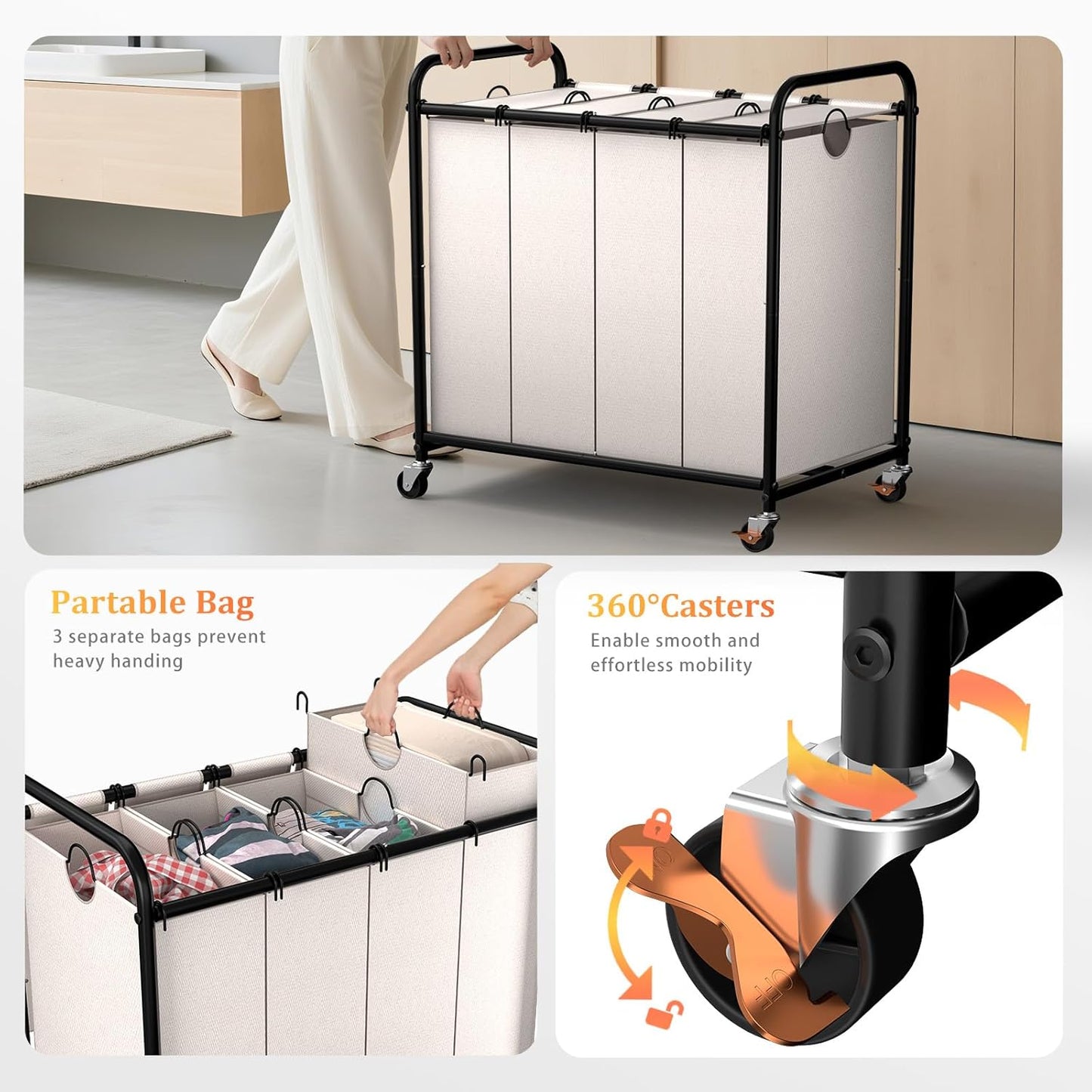 180L (47.55 Gal) Laundry Sorter 3 Section, Rolling Laundry Basket with Lockable Wheels and Lid, Laundry Hamper with 3 Separated Removable Bags Dirty Clothes Hamper for Laundry Room Organizer, Black