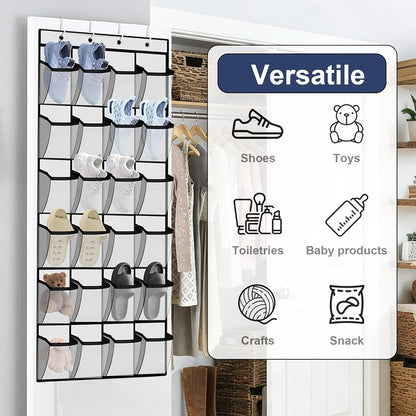 Over the Door Shoe Organizer - 24 Large Breathable Mesh Pockets, Space Saving Hanging Shoe Organizer with Metal Hooks, Hanging Shoe Rack for Men's and Women's Shoes (White)