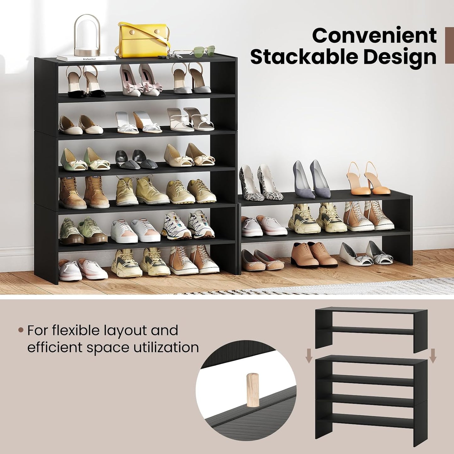 Giantex 3-in-1 Vertical Shoe Rack, 6-Tier Free Standing Shoe Storage Organizer w/Stackable Design for 18 Pairs, 31 Inch Wide Wood Shoe Shelf for Closet, Entryway, Living Room, Office, Brown