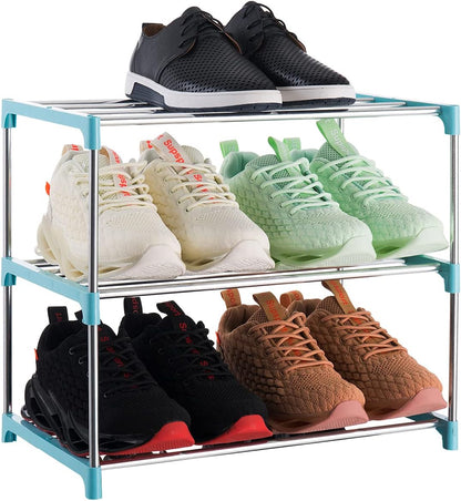 3-Tier Stackable Small Shoe Rack, Lightweight Shoe Shelf Storage Organizer for Entryway, Hallway and Closet(Black)