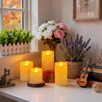 Outdoor Indoor Flameless Candles, Patented 3D Dual-LED, Set of 6 Slanted Top Durable Plastic Pillars with 2 Remotes & Timer, Non-Melting Waterproof Battery Candles for Patio Garden (Ivory)