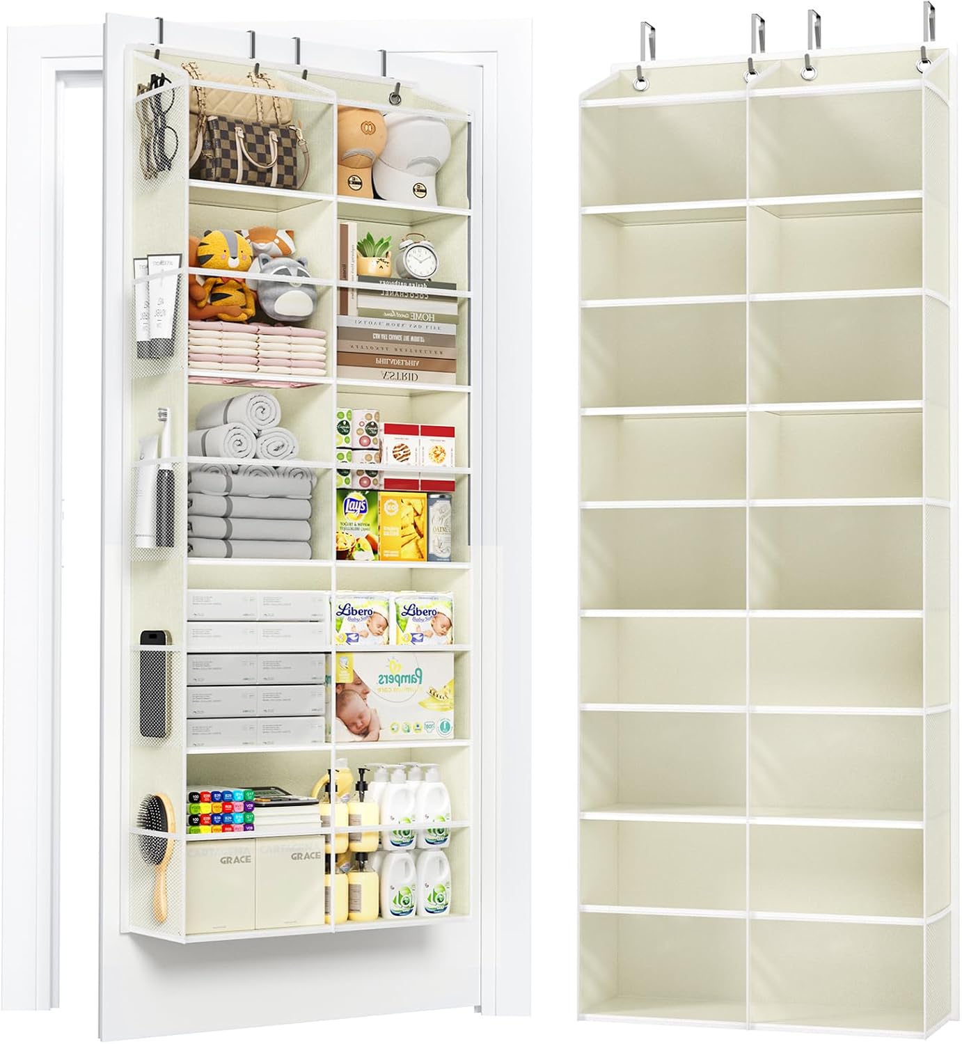 PureSpace 5-Tier Over the Door Organizer, 10 Side Mesh Pockets & Clear Windows, 80LBS Heavy Duty Hanging Storage for Baby Diapers, Shoes, Toys – Ideal for Nursery, Bathroom, Bedroom, Pantry (Grey)