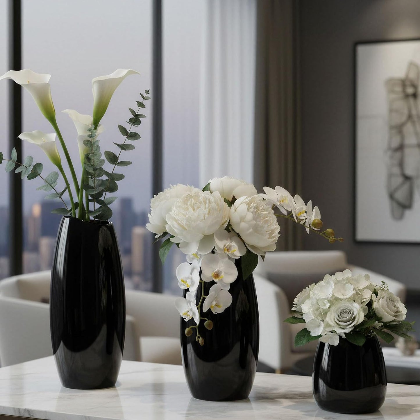 hjn Ceramic Vase Set of 3 White Flower Vase for Home Decor, Modern Decorative Vases for Flowers/Ideal Shelf Decor/Table/Living Room/Kitchen/Office-White