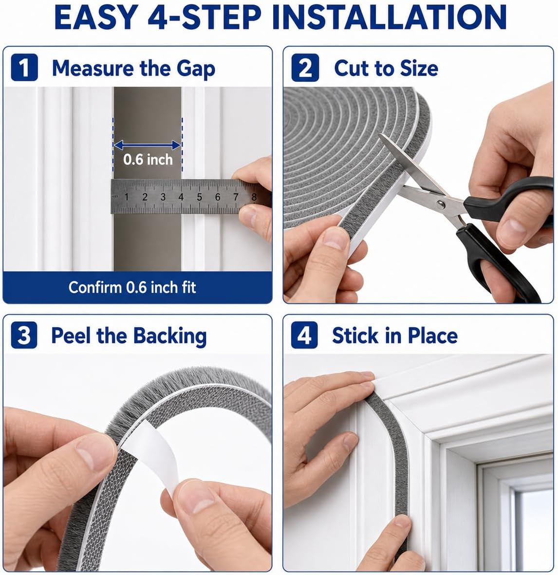 Self-Adhesive Door Draft Stopper & Weather Stripping Door Seal – Gray, 33 Ft x 0.35" Wide x 0.35" Thick Foam Seal Strip – Draft Blocker, Noise Reduction, Insulation