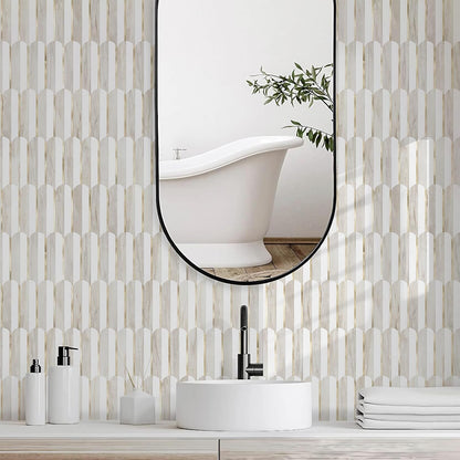 Vamos Peel and Stick Backsplash Seamless Tile for Kitchen and Bathroom,White and Beige Slate PVC Mixed Light Gold Self Adhesive Fish Scale Metal Mosaic Tiles (10 Sheets)