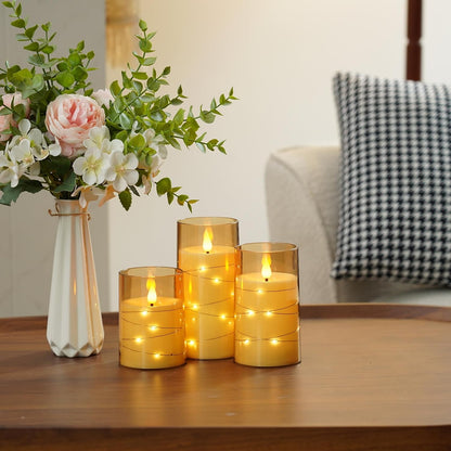 Amagic Red Flameless Candles 3 Set, Flickering Battery Operated Candles Embedded Fairy String Light, Realistic Pillar Candle with Remote Control and Timer, Acrylic, D3 x H4 5" 6"