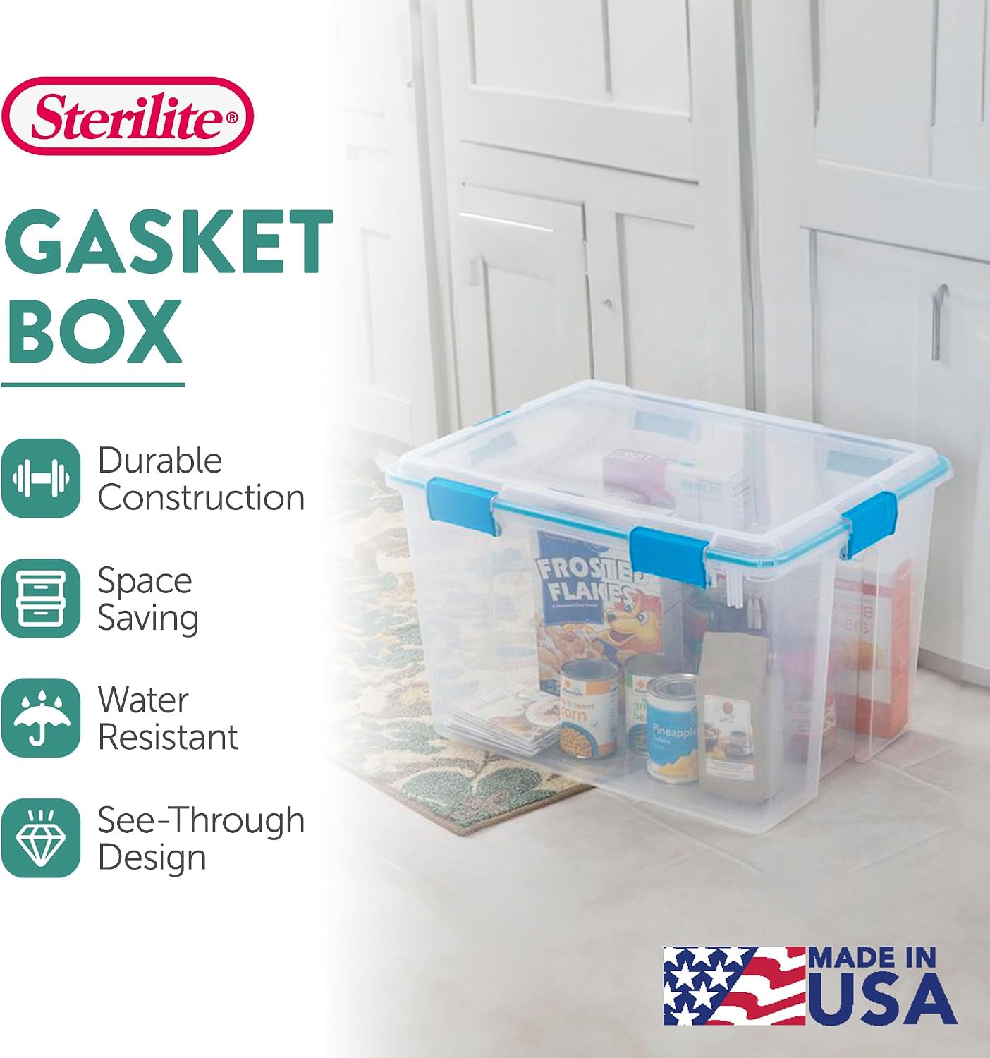 Sterilite 4-Pack Gasket Box, Home Storage Organizer Bins with Lids, 37 Quart – Stackable Clear Plastic Containers for Bedroom, Bathroom, Garage, Basement, or Attic