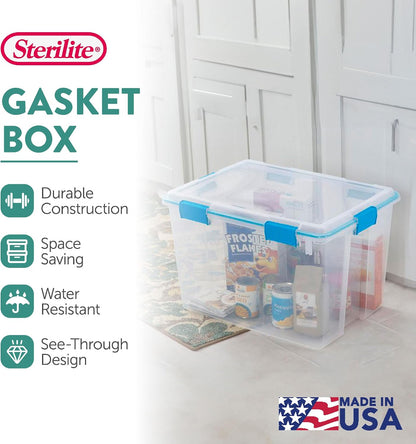Sterilite 4-Pack Gasket Box, Home Storage Organizer Bins with Lids, 37 Quart – Stackable Clear Plastic Containers for Bedroom, Bathroom, Garage, Basement, or Attic