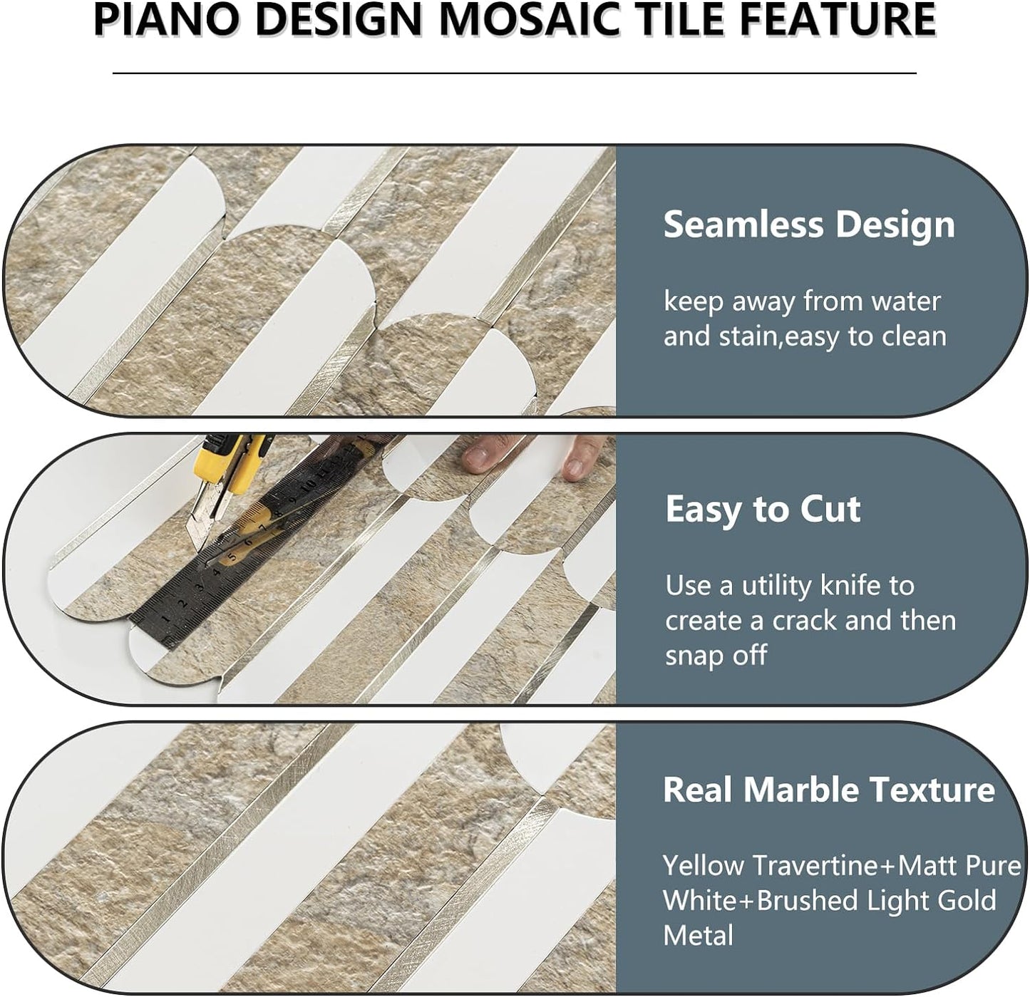 Vamos Peel and Stick Backsplash Seamless Tile for Kitchen and Bathroom,White and Beige Slate PVC Mixed Light Gold Self Adhesive Fish Scale Metal Mosaic Tiles (10 Sheets)