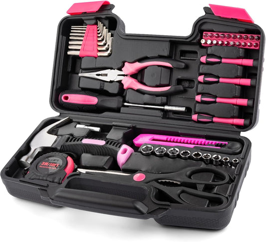 Tool Set 49PCS, Small Tool Kit, All Purpose Small General Household Tool Box for Home/Office/College Repair, DIY, Ideal Gift Choice, Pink