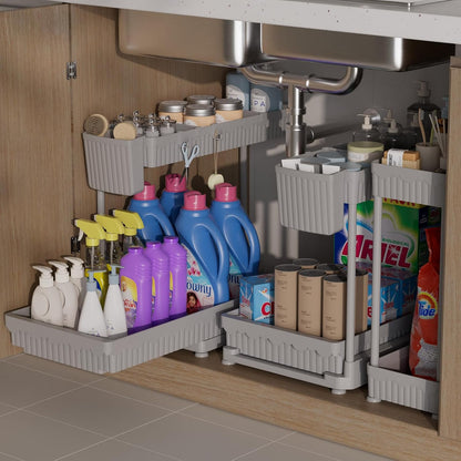 Sevenblue 3 Pack Multi-Purpose Pull-Out Storage Organizers, 2-Tier L-Shaped Under Sink/Cabinet Organizers and Storage for Bathroom & Kitchen, (Black, 12.85 Inches)