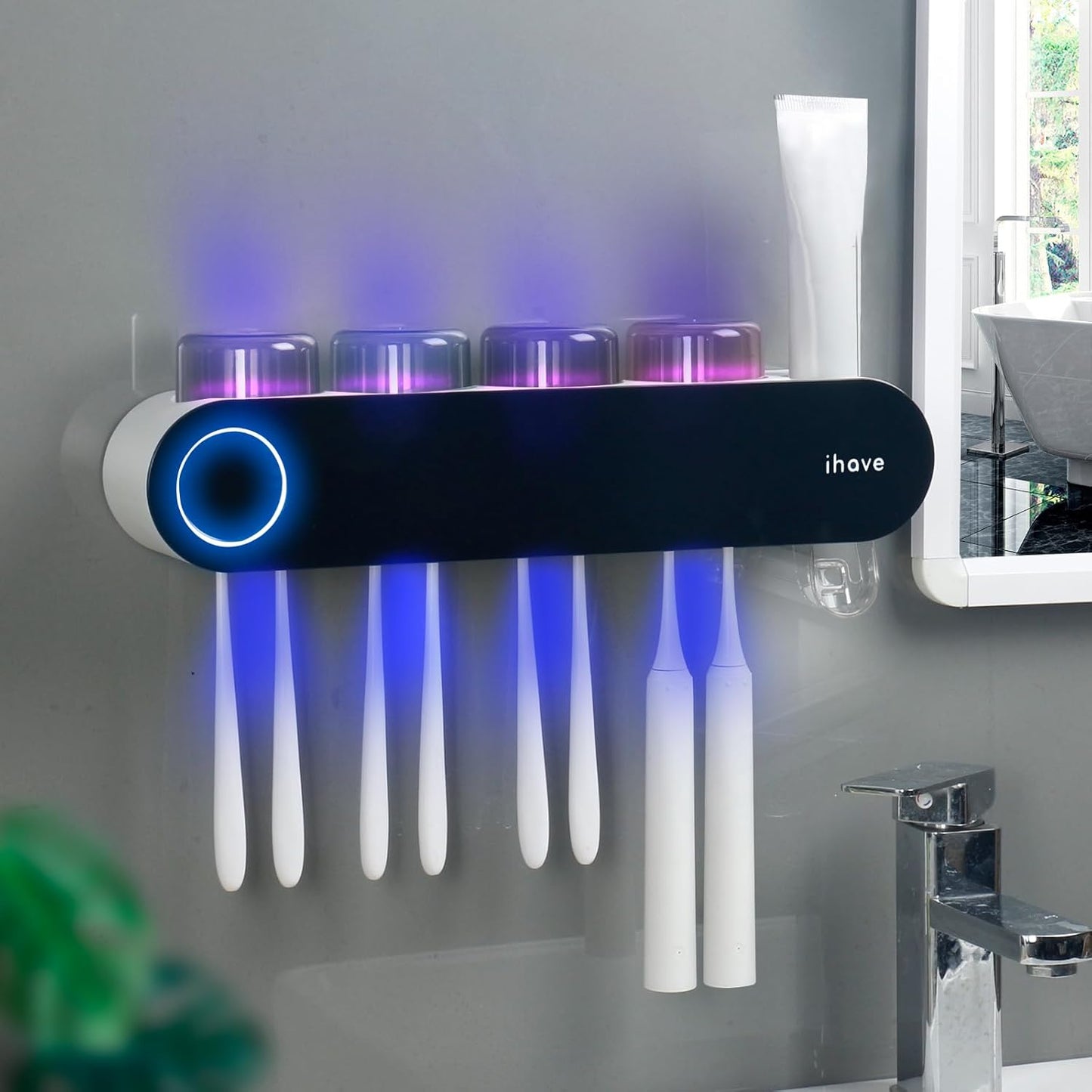 iHave Toothbrush Holders for Bathrooms, UV Toothbrush Sanitizer and Holder Smart Home Bathroom Accessories, 2 Cups Electric Toothbrush Holder Wall Mounted with Toothpaste Dispenser Bathroom Decor