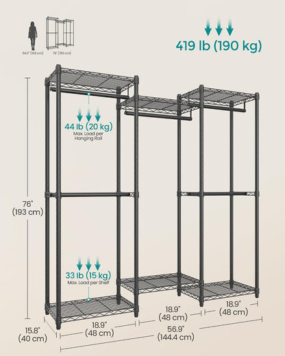 SONGMICS Heavy-Duty Clothes Rack, Garment Rack, Portable Closet, 68.7-Inch Wide Clothing Rack with Adjustable Mesh Shelves and Hanging Rails, Ink Black ULGR433B01