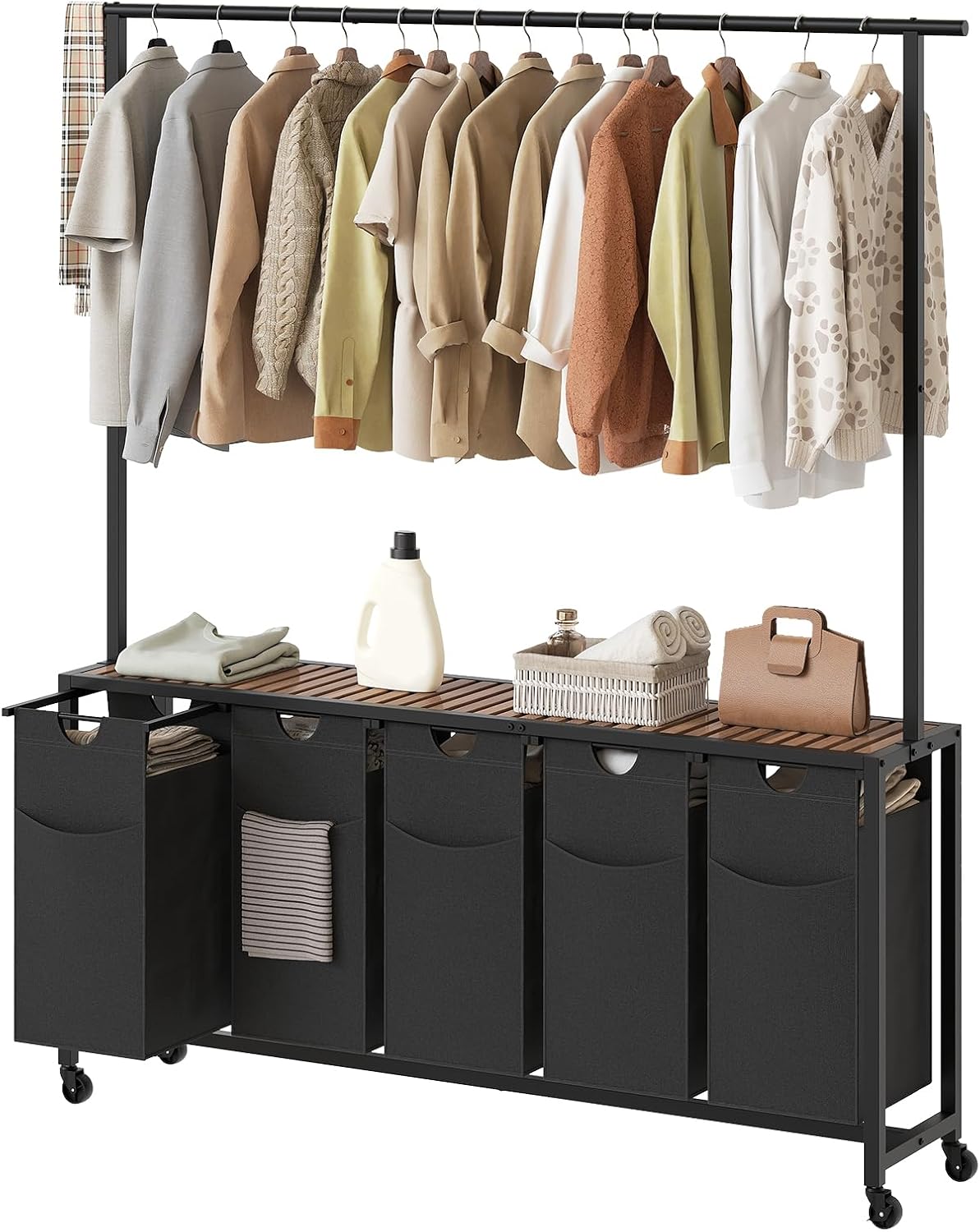 YATINEY Laundry Sorter 4 Section, Rolling Laundry Hamper with Hanging Rack, Laundry Sorter with Wheels, Hampers for Laundry, Laundry Basket Organizer for Laundry Room, Rustic Brown LS47BR