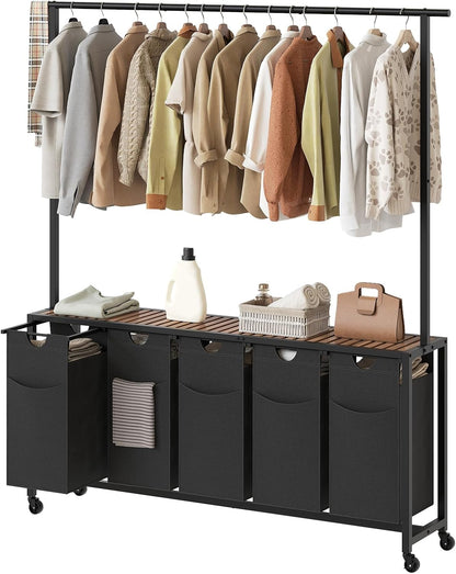 YATINEY Laundry Sorter 4 Section, Rolling Laundry Hamper with Hanging Rack, Laundry Sorter with Wheels, Hampers for Laundry, Laundry Basket Organizer for Laundry Room, Rustic Brown LS47BR