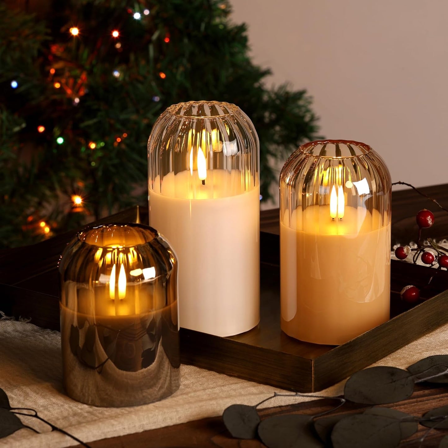 Grey Glass Flameless Pillar Candles with Remote, Flickering Battery LED Candles Table Decor Gift Set of 3