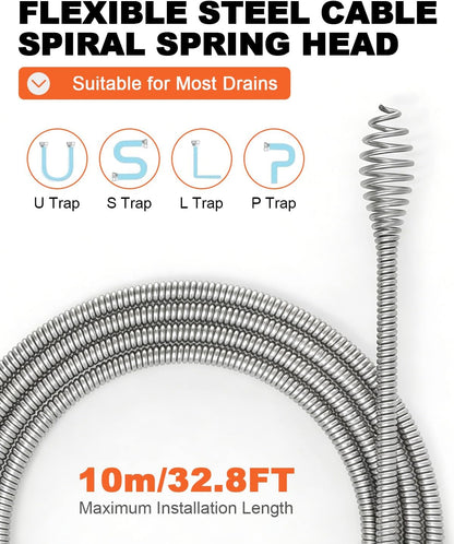 33FT Drain Snake Auger with Auto-Feed Manual/Powered, Drain Clog Remover Tool for Sink, Toilet, Shower & Tub, Professional Plumbing Snake, Gloves & Storage Drum, Easy Clear Hair Clogs