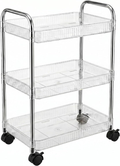 3 Tier Rolling Cart with Lockable Wheels, Clear Acrylic Slim Utility Cart, 13" x 8.3" x 26" Narrow Storage Organizer for Bathroom, Kitchen, Office - Lightweight & Tool-Free Assembly (Clear)