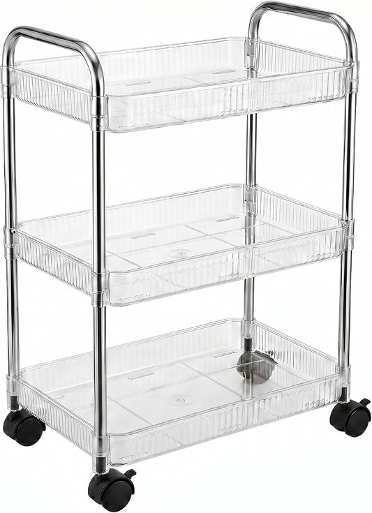 3 Tier Rolling Cart with Lockable Wheels, Clear Acrylic Slim Utility Cart, 13" x 8.3" x 26" Narrow Storage Organizer for Bathroom, Kitchen, Office - Lightweight & Tool-Free Assembly (Clear)