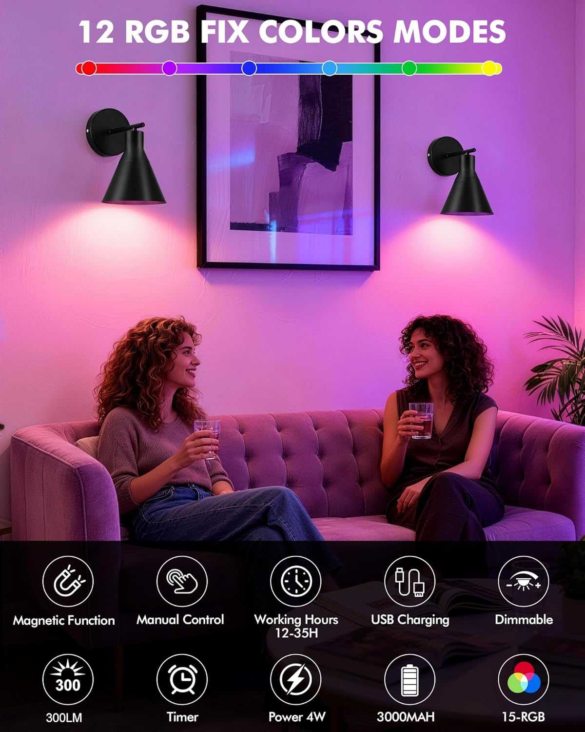 Modern Wireless Battery Operated Wall Sconces, Black Rechargeable Cordless LED Wall Lights Set of Two, Dimmable Battery Powered Wall Decor Lamp Fixture with Remote Control for Bedroom Indoor