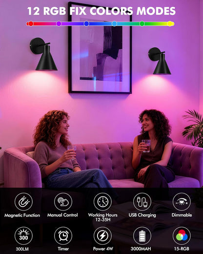 Modern Wireless Battery Operated Wall Sconces, Black Rechargeable Cordless LED Wall Lights Set of Two, Dimmable Battery Powered Wall Decor Lamp Fixture with Remote Control for Bedroom Indoor