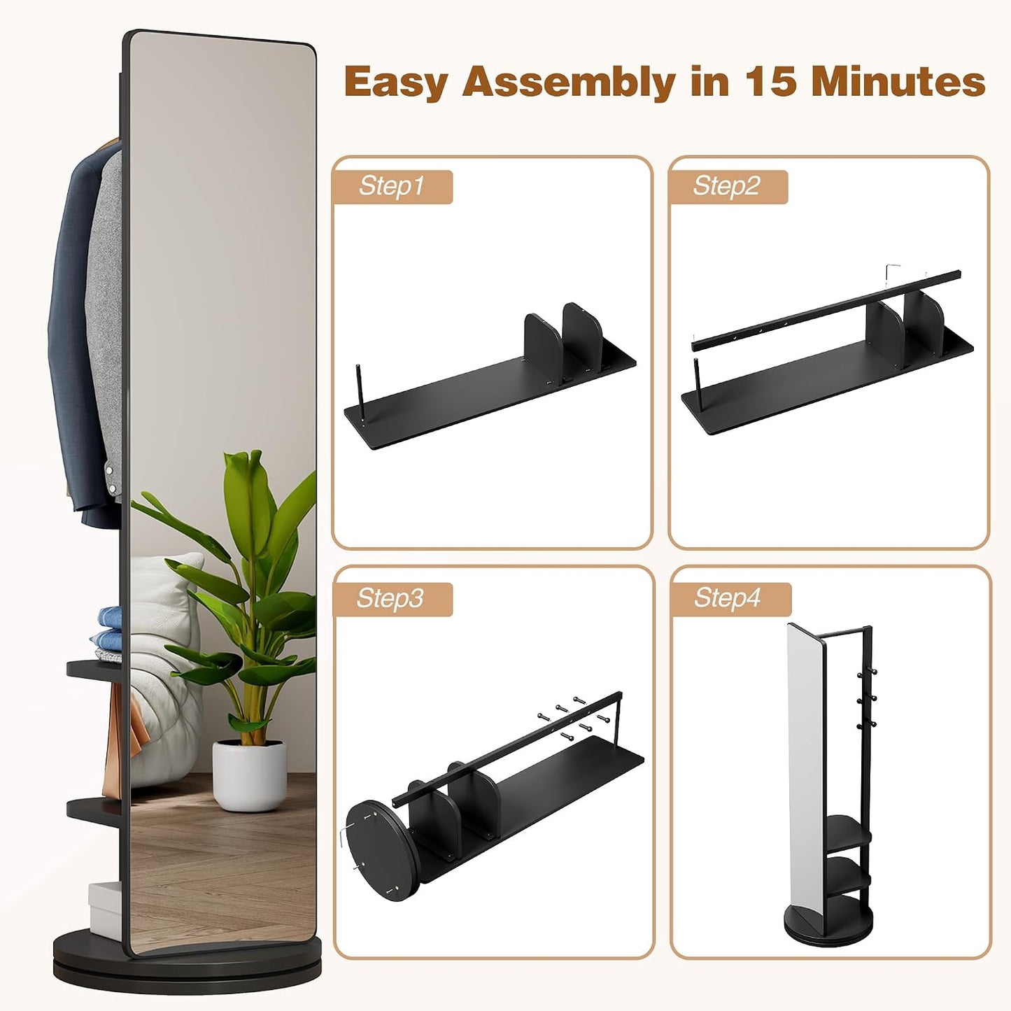 Full Length Mirror with Coat Rack & Storage, 360° Rotating Solid Wood Standing Floor Mirror with Shelves for Bedroom, Entryway, Dressing Room (Natural Wood, 66" x 18")