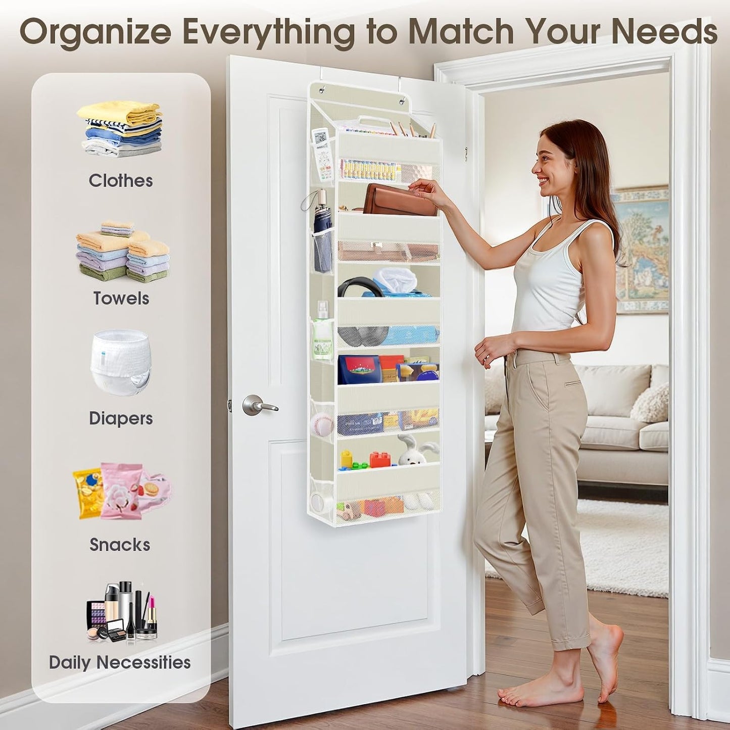 SpaceHacks 1 Pack Over The Door Organizer, Hanging Storage Organizer with Clear Window, 40lb Ultra Sturdy Large Capacity Room Organizer for Pantry Laundry Bathroom Nursery Closet Baby Essential (Grey)