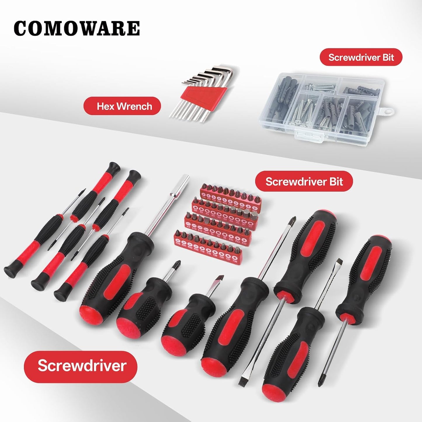 COMOWARE 218 Pcs Tool Set, Basic Tool Kit for Home, Socket Set, Combination Wrench, Screwdriver Bit Set, Rv Tool Set with Storage Tool Bag, Red, Gift for Dad
