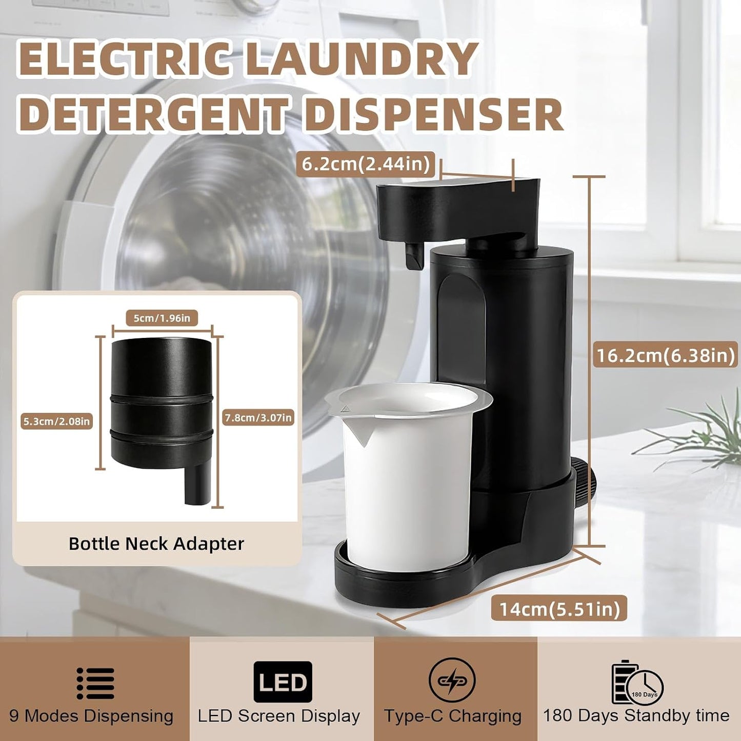 Electric Laundry Detergent Dispenser, USB-C Rechargeable Automatic Laundry Detergent Pump, 9-Level Adjustable, One-Press Dose, for All Liquid Detergent Containers-White