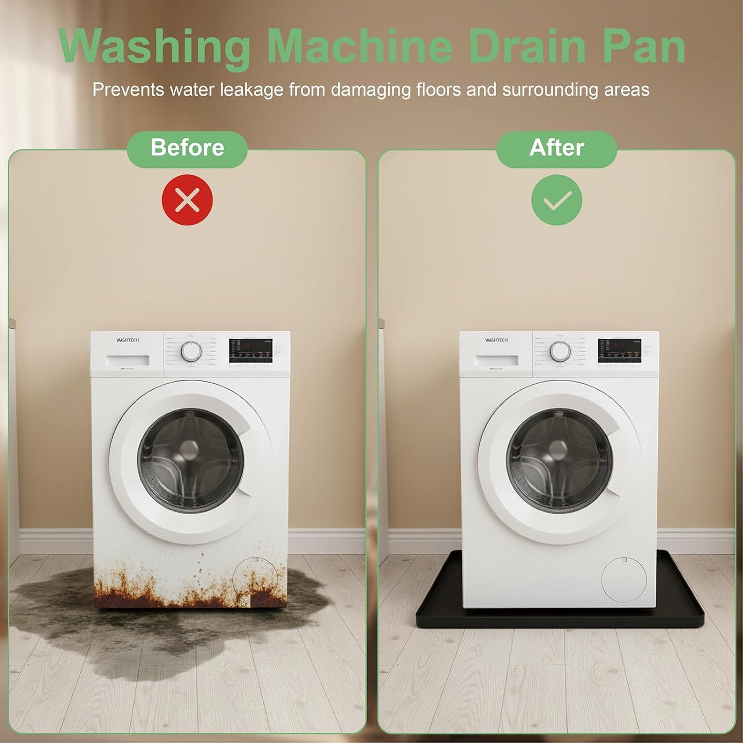 27 x 27 Inch Washing Machine Drain Pan, Silicone Washer Pan, Black | 2cm Raised Waterproof Edge, Washer and Dryer Mat for Floor Protection, Fits Compact Washers Up to 3.5 Cu.Ft.