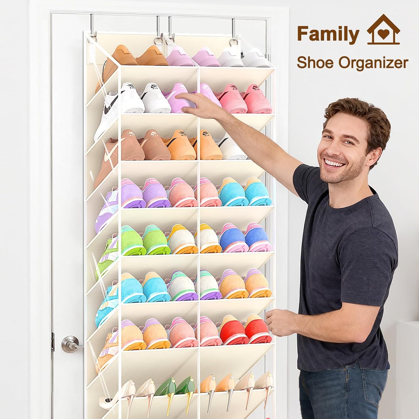 UVIAHOMI 20-30 Pairs Over the Door Shoe Organizer, Clear Pockets Hanging Shoe Storage for Closet, 10-Tier Door Shoes Rack, Handing Shoes Holder Fit All the Family's Sneakers, Boots, Heels, White