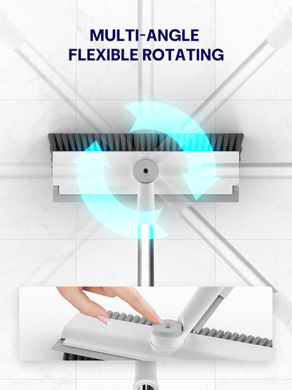 Floor Scrub Brush with Long Handle, 3 in 1 Scrape and Heavy-Duty Stiff Bristle Floor Scrubber Brush with Squeegee and Tweezer for Cleaning Tile Wall Deck Bathroom Patio Garage Kitchen (White)