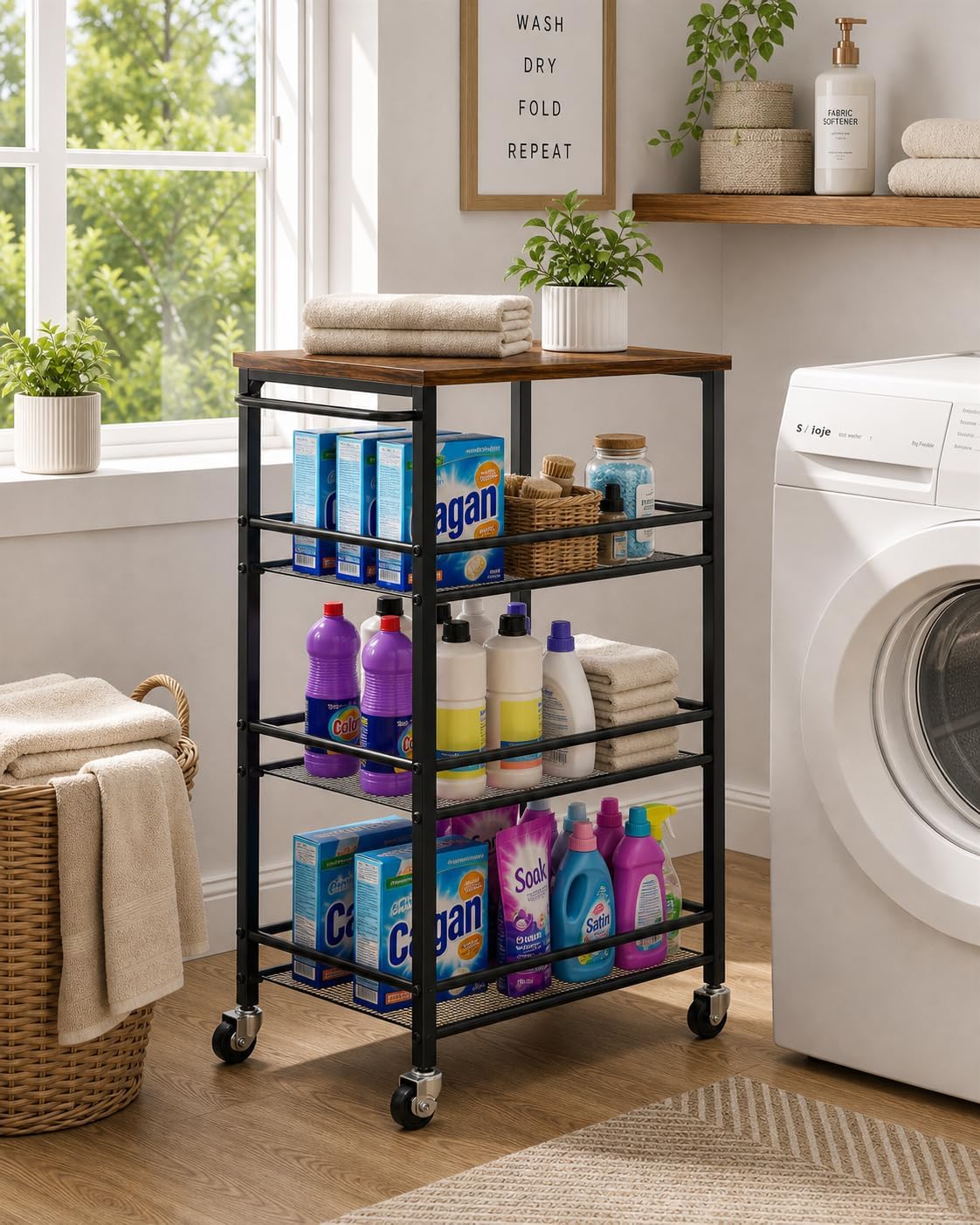 Pipishell Slim Storage Cart with Wheels - 4 Tier Rolling Kitchen Storage Cart with Handle and Wood Top, Metal Slim Bathroom Cart for Laundry Room, Bathroom, Kitchen, Narrow Space, Black & Rustic Brown