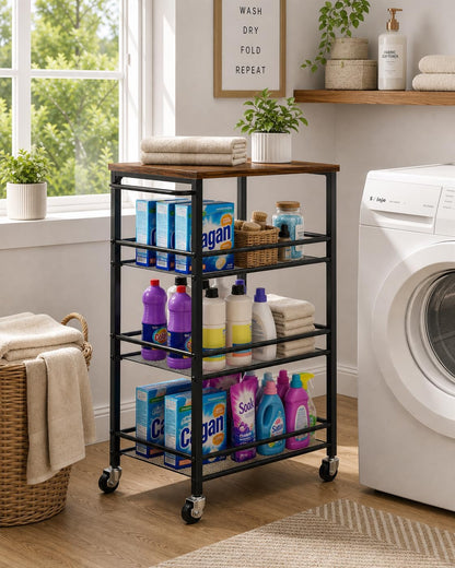 Pipishell Slim Storage Cart with Wheels - 4 Tier Rolling Kitchen Storage Cart with Handle and Wood Top, Metal Slim Bathroom Cart for Laundry Room, Bathroom, Kitchen, Narrow Space, Black & Rustic Brown