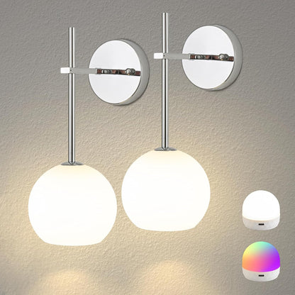 Brass Battery Operated Wall Sconces Set of 2, Rechargeable Wireless Wall Lights with Milky White Frosted Glass, 12 RGB and 3CCT Dimmable, Wall Lamps with Remote for Bedroom Living Room Hallway