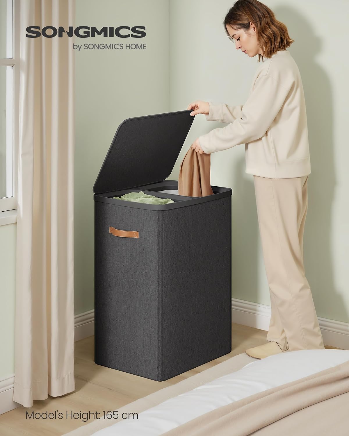 SONGMICS Laundry Basket, 50.2 Gal. Laundry Hamper, 3 Compartments, Easy Assembly, with Lid and Handles, Removable Liners, 25.2 x 15.7 x 29.5 Inches, Cappuccino Beige ULCB814LH01