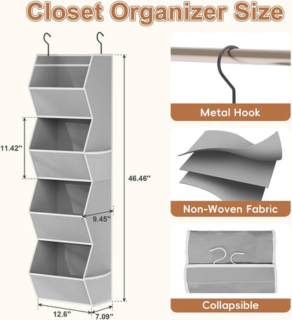 Hanging Closet Organizer 4 Shelf Collapsible Bedroom Closet Organizers and Storage Hanging with Mesh Pockets for Clothes, Fabric Hanging Storage Bins for Wardrobe Closet Organization and Storage, Grey