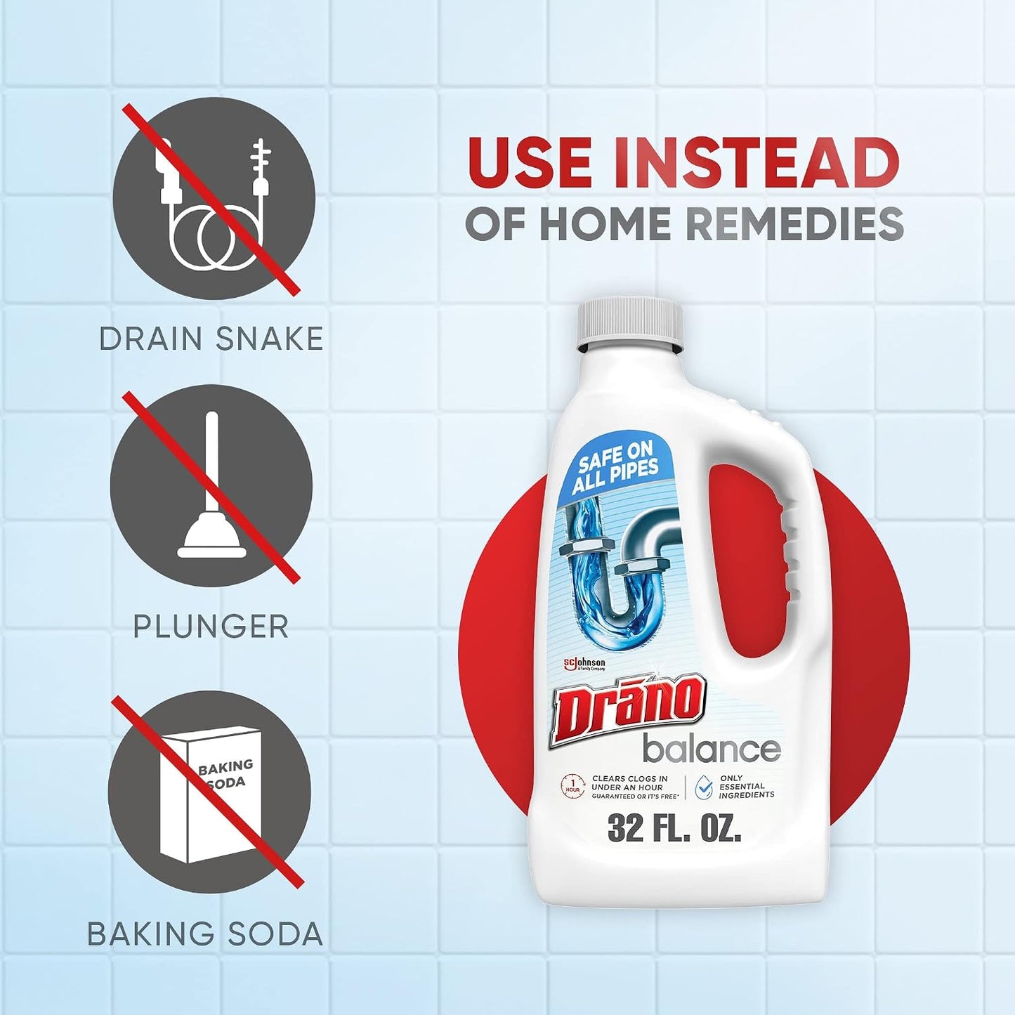 Drano Balance Drain Clog Remover and Cleaner, Non-Corrosive Formula, Safe on All Pipes and Septic Tanks, Formulated Using Only Essential Ingredients, 32 Fl Oz