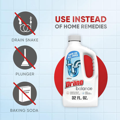 Drano Balance Drain Clog Remover and Cleaner, Non-Corrosive Formula, Safe on All Pipes and Septic Tanks, Formulated Using Only Essential Ingredients, 32 Fl Oz