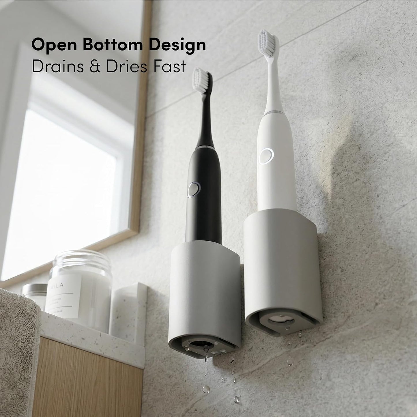 xympo Aluminum Electric Toothbrush Holder (2-Pack) – Wall Mount with Charging Cable Slot – Self Adhesive, Minimalist Design, Fits Most Electric Toothbrushes