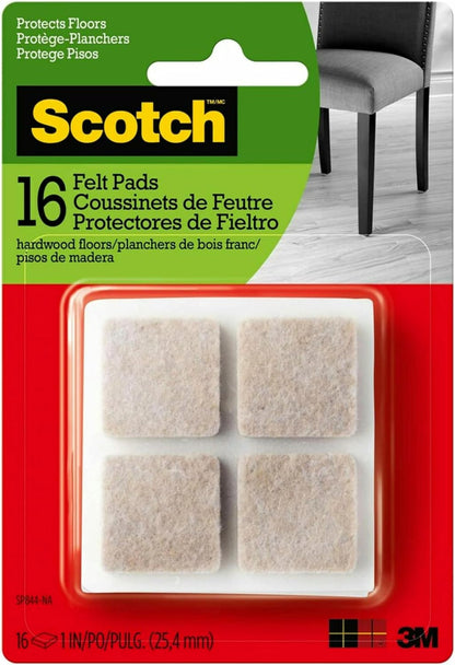 Scotch Felt Pads 16 PCS Beige, Felt Furniture Pads for Protecting Hardwood Floors, 1 x 1 in. Square, Easy-to-Apply, Self-Stick Design, Reliable Protection from Nicks, dents and Scratches (SP802-NA)