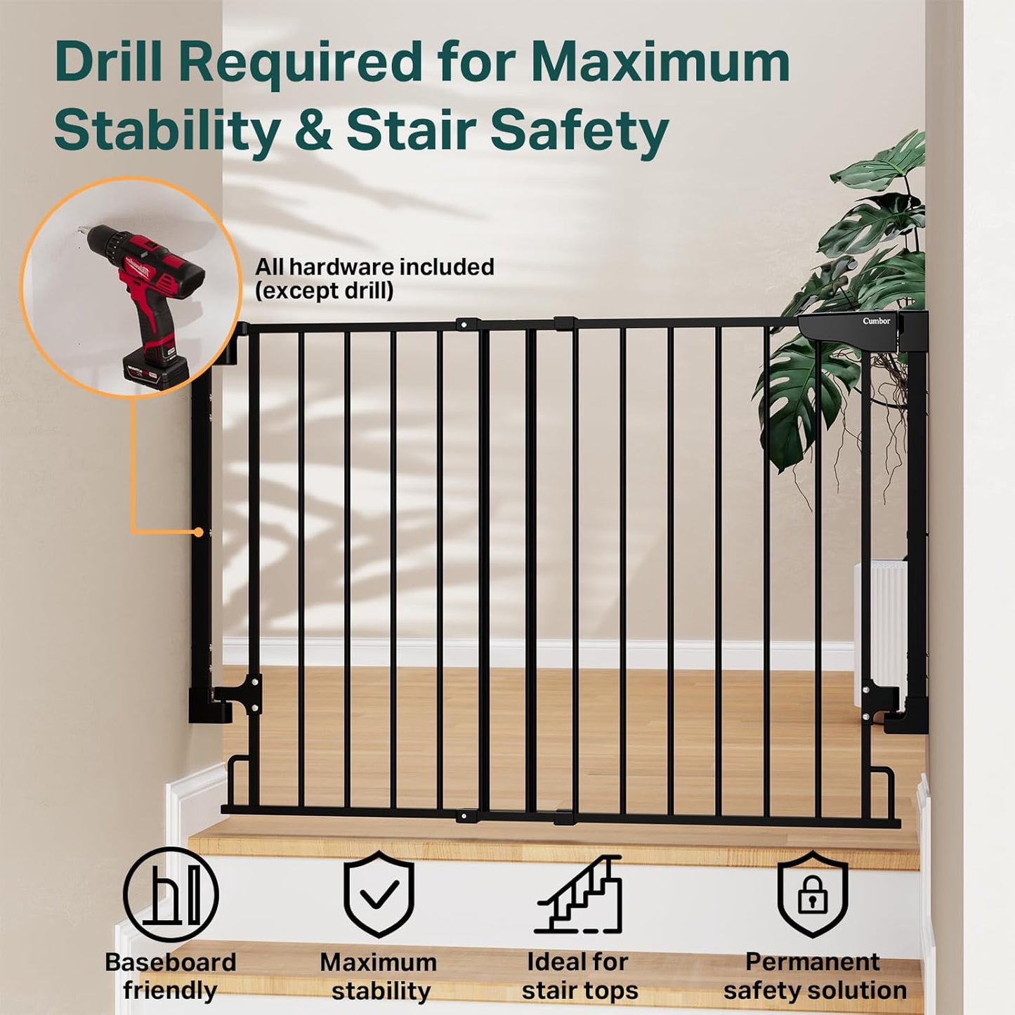 Cumbor 29.2–43" Baby Gate for Stairs, Hardware Mounted (Drill Required), Expandable No Bottom Bar Dog Gate, Auto Close Extra Wide Walk Thru, Pet & Toddler Proof Gate, Top & Bottom of Stairways (White)