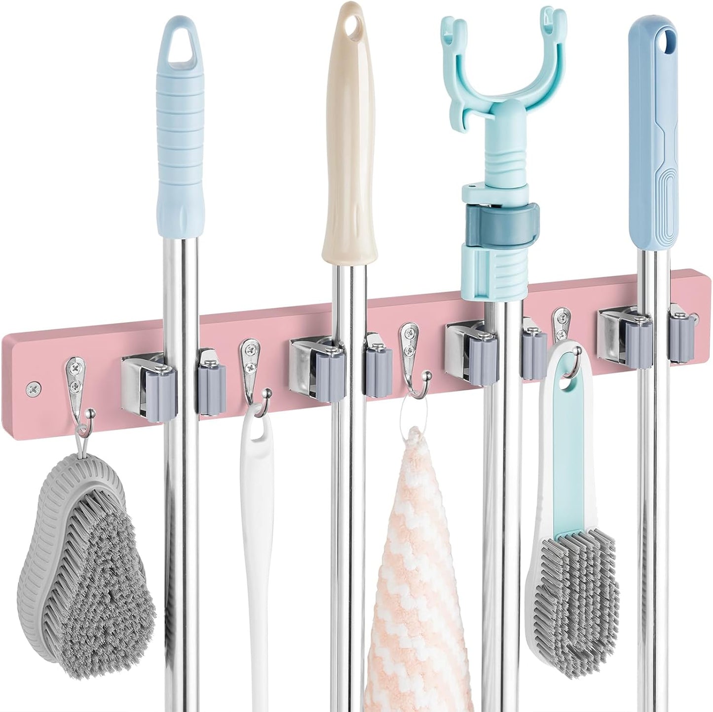 OUTNILI Mop and Broom Holder Wall Mount - Wood Broom Mop Hanger - Wall Mounted Garden Tool Rack Organizer for Closet Garage Laundry Room for Rustic Kitchen Decor With 5 Slots & 4 Hooks