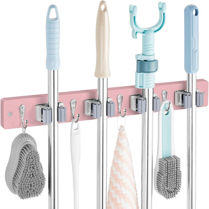 OUTNILI Mop and Broom Holder Wall Mount - Wood Broom Mop Hanger - Wall Mounted Garden Tool Rack Organizer for Closet Garage Laundry Room for Rustic Kitchen Decor With 5 Slots & 4 Hooks