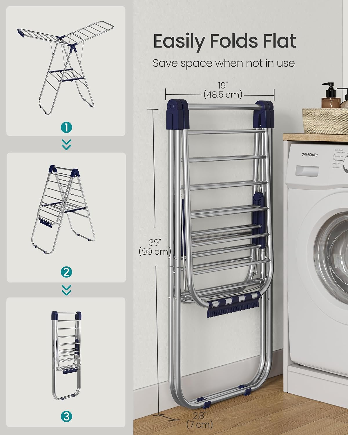 SONGMICS Clothes Drying Rack, Foldable Laundry Drying Rack, Blue | Sock Clips, Metal Clothes Airer with Height-Adjustable Gullwings, Space-Saving, Indoor Outdoor, ULLR505EQ01