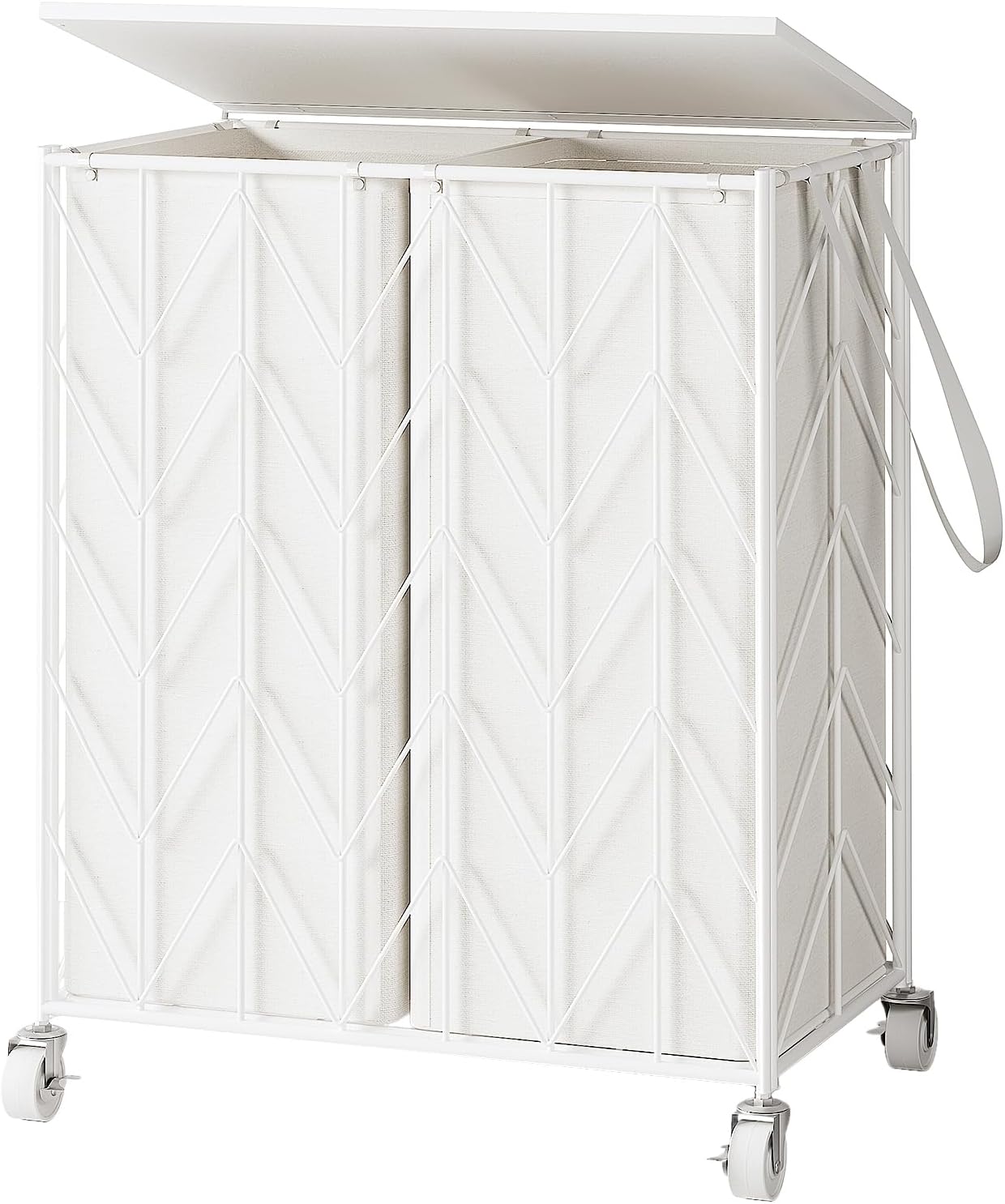 WOWLIVE Laundry Basket with Wheels, 142L Laundry Hamper 3 Section with Lid, Dirty Clothes Hamper with Removable Bags, Large Capacity Iron-Made Laundry Basket Organizer Laundry Sorter for Dorm, White