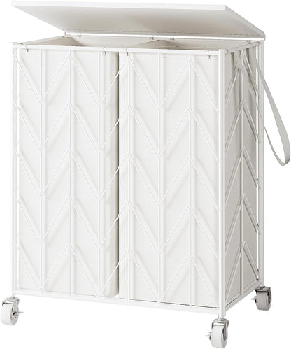 WOWLIVE Laundry Basket with Wheels, 142L Laundry Hamper 3 Section with Lid, Dirty Clothes Hamper with Removable Bags, Large Capacity Iron-Made Laundry Basket Organizer Laundry Sorter for Dorm, White